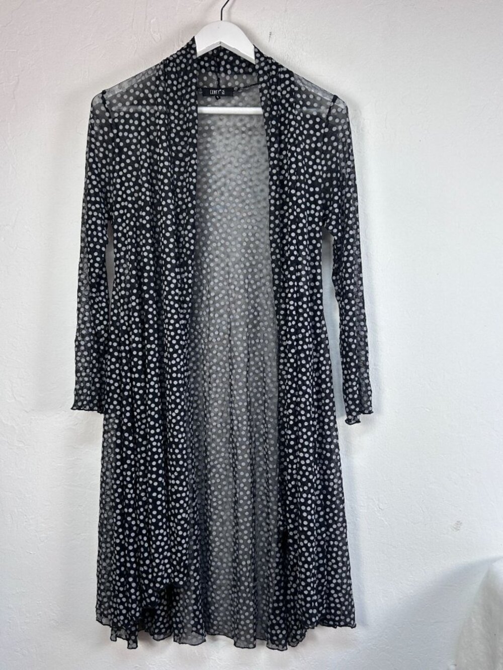 Comfy USA Polka Dot Sheer Long Open Cardigan Small Black Lightweight Duster